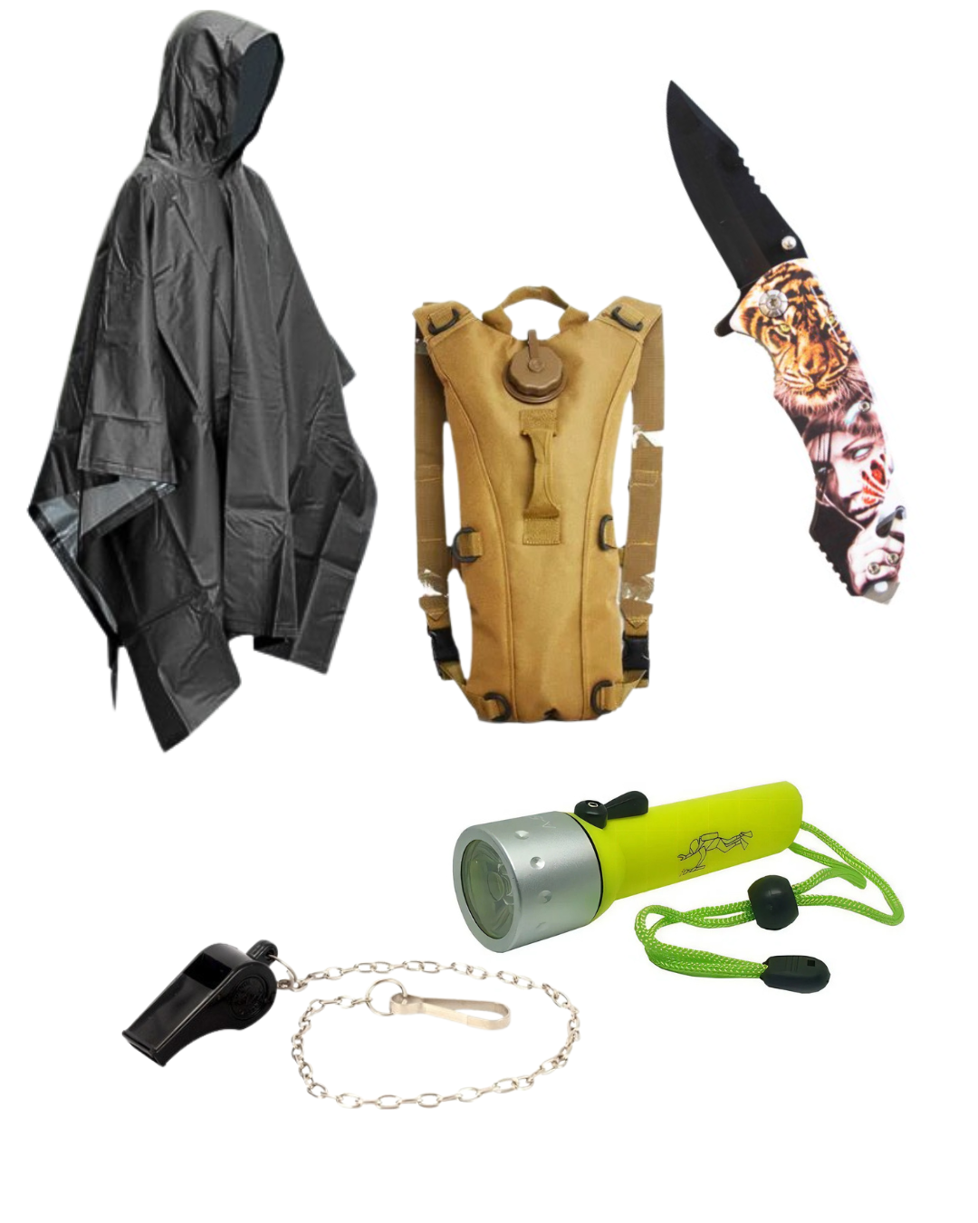 Kit: Poncho+Navaja+Linterna+silbato+Morral