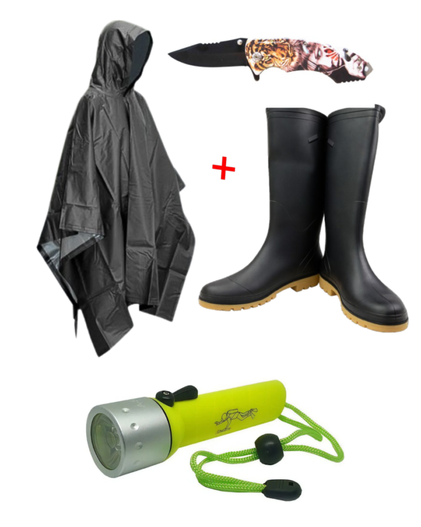 Kit: Poncho+Botas Caucho+Linterna+Navaja
